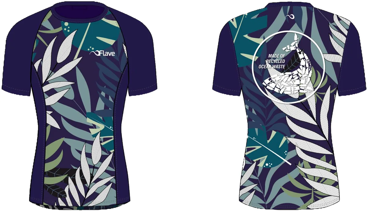 Digital proof of a custom rashguard design, front and back panels with recycled ocean waste print